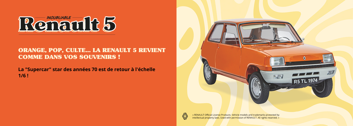 Inoubliable Renault 5. Orange, pop- culte… la Renault 5 revient comme dans vos souvenirs ! La « Supercar » star des années 70 est de retour à l’échelle 1/6 ! Je fonce, nouvel onglet